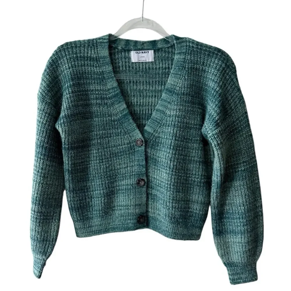 Old Navy Long Sleeve Marled V Neck Button Front Crochet Cardigan Teal L Girls